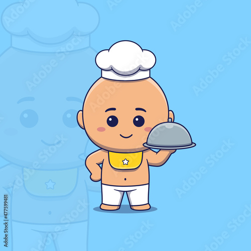 Cute baby chef holding restaurant cloche