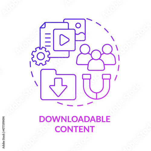 Downloadable purple gradient content concept icon. Leads generating. Marketing abstract idea thin line illustration. Isolated outline drawing. Roboto-Medium, Myriad Pro-Bold fonts used