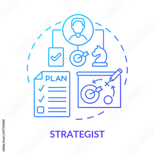 Strategist blue gradient concept icon. Internet profession. Digital marketing specialist abstract idea thin line illustration. Isolated outline drawing. Roboto-Medium, Myriad Pro-Bold fonts used