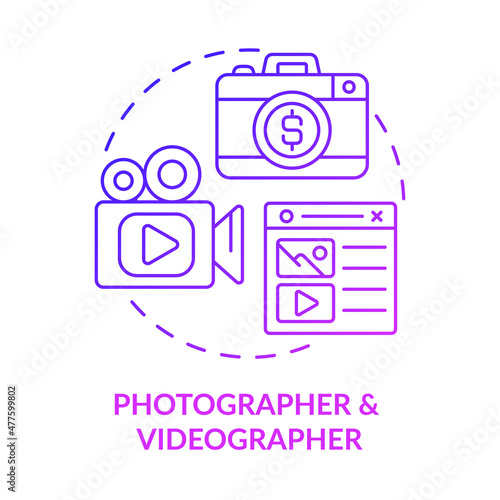 Photographer and videographer purple gradient concept icon. Digital marketing specialists abstract idea thin line illustration. Isolated outline drawing. Roboto-Medium, Myriad Pro-Bold fonts used