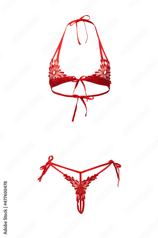 Detailed shot of a red bra with nipple cutouts and a red G-string with a