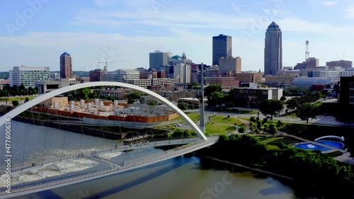 Aerial Flying Over Des Moines, Iowa Women of Achievement Bridge, Downtown