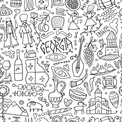 Georgia Country. Travel Background. Collection of design elements - food, places and dancing people. Seamless pattern background, colouring page