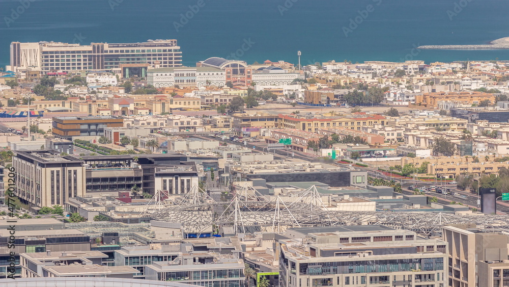City Walk district timelapse from above, new urban area in Dubai downtown.