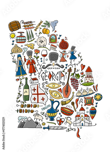 Georgia Country Map. Travel Background. Collection of design elements - food, places and dancing people. Vectrical Print for poster, t-shirts etc.