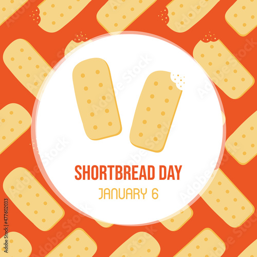 National Shortbread Day vector cartoon style greeting card, illustration with shortbread cookies seamless pattern background. January 6.