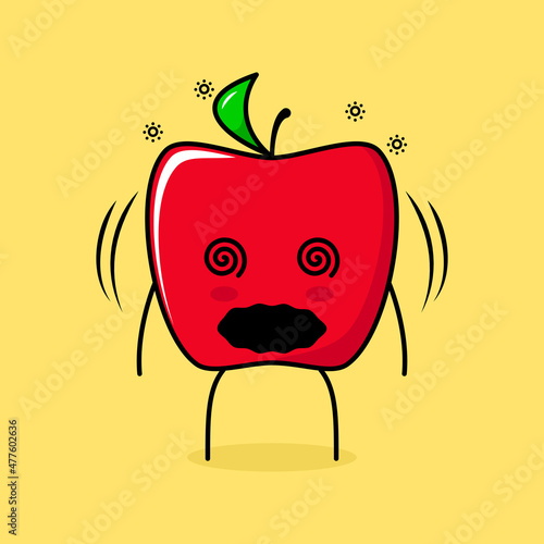 cute red apple character with dizzy expression and rolling eyes. green and red. suitable for emoticon  logo  mascot and icon