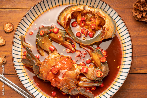 Korean Soy Sauce Pickled Crab, Fresh raw crabs marinated in a mild soy sauce, Ganjang Gejang Korean traditional food.