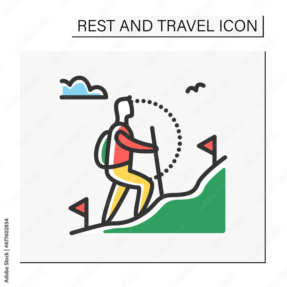Trekking color icon. Adventure tourism. Mountain tourism. Backpacking. Long-distance walking trip with camping stops. Mount climbing.Tourism types concept. Isolated vector illustration
