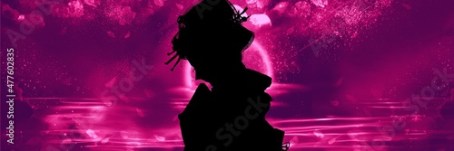Tableau sur toile Silhouette of a Japanese prostitutes in Edo period with pink full moon