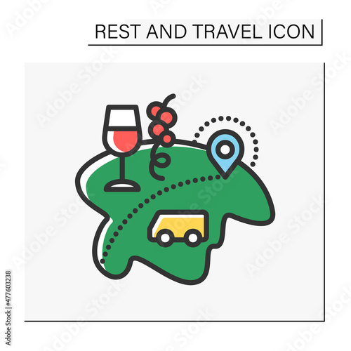 Enotourism color icon. Wine tourism, or vinitourism. Tasting, consumption wine, tour on winery. Vineyard walks. Gastronomic tourism. Tourism types concept. Isolated vector illustration