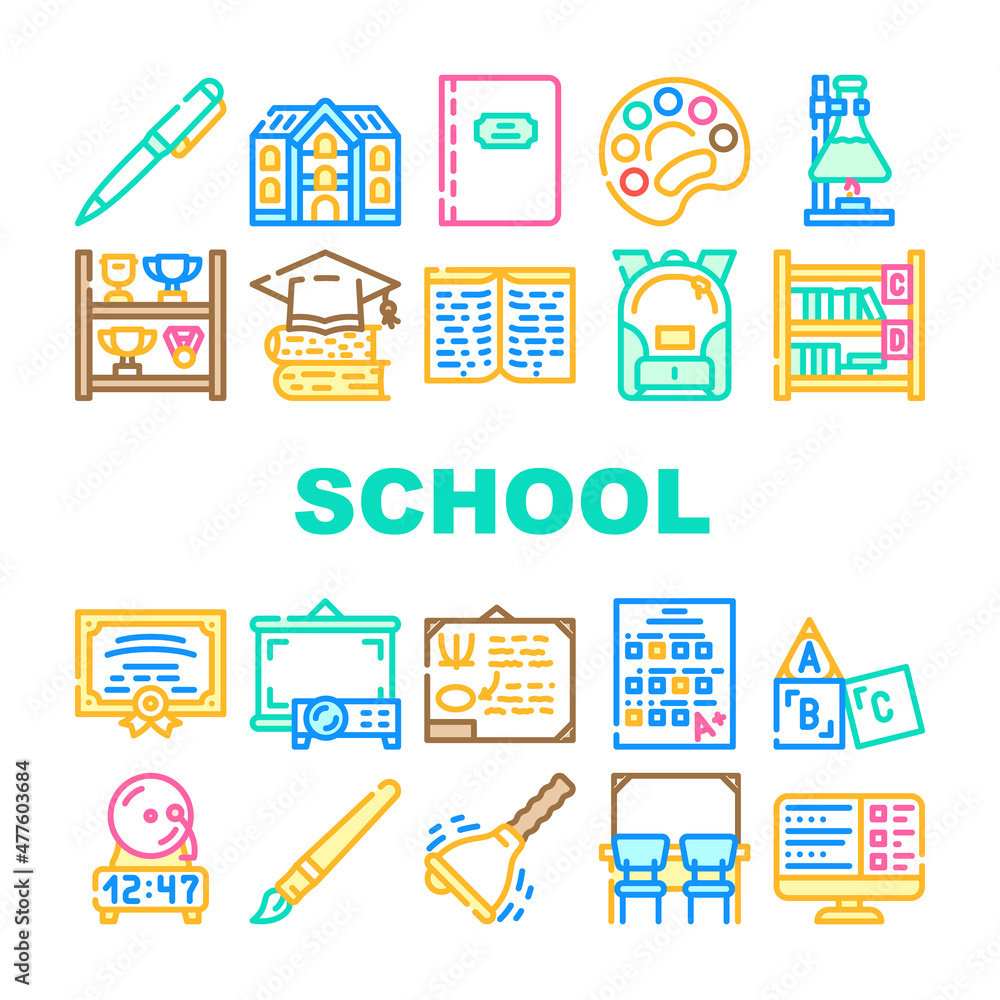 School Stationery Accessories Icons Set Vector. Shelf With Goblets Award And Backpack, Pen And Tassel, School Educational Book And Notebook, Blackboard And Certificate Line. Color Illustrations