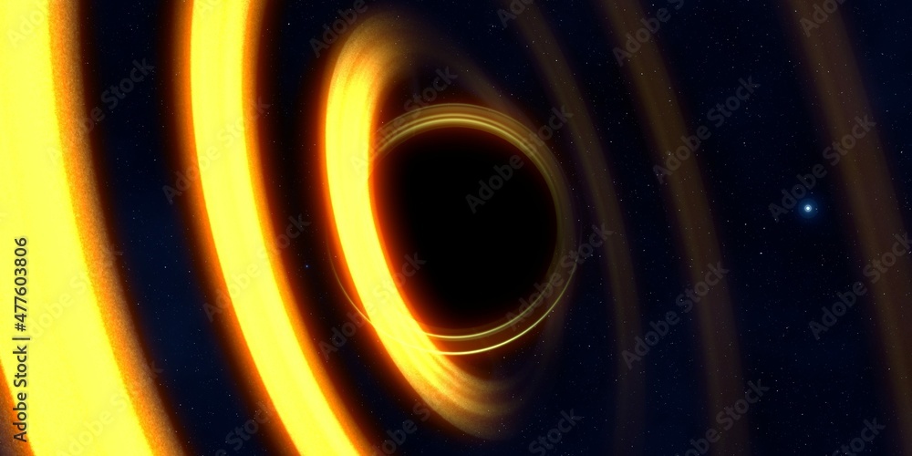 Naklejka premium Black hole in deep space. Astronomical massive object. Hot plasma ring and event horizon. Plasma accretion disk.