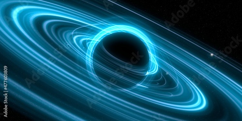 Black hole in deep space. Astronomical massive object. Hot plasma ring and event horizon. Plasma accretion disk.