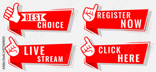 Red stickers. Paper sticker set, badges vector templates. Click here.Best choice. Live stream. Register now	
