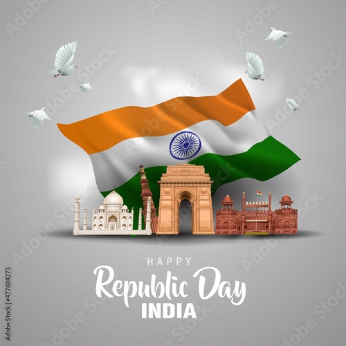 Happy republic day India 26th January. Indian monument and Landmark with background , poster, card, banner. vector illustration design