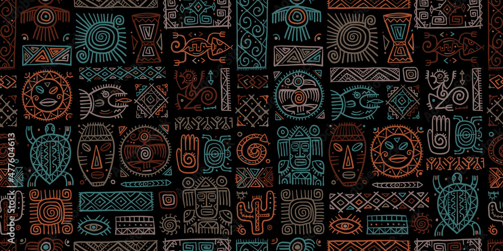 Ethnic mexican decor. Handmade Seamless Pattern for your design. Tribal tattos elements