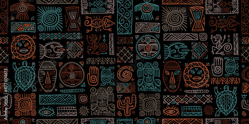 Ethnic mexican decor. Handmade Seamless Pattern for your design. Tribal tattos elements