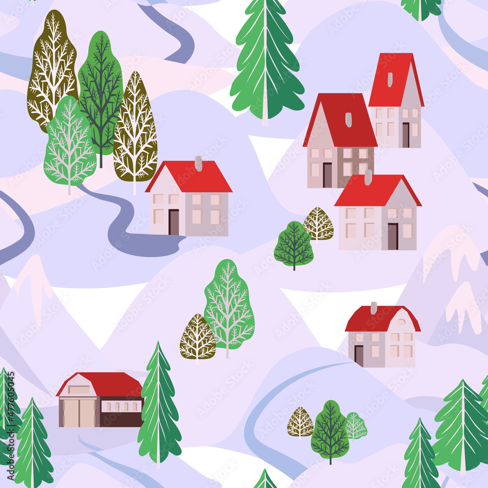 Vector - Winter landscape with hills, houses and trees,
seamless pattern.