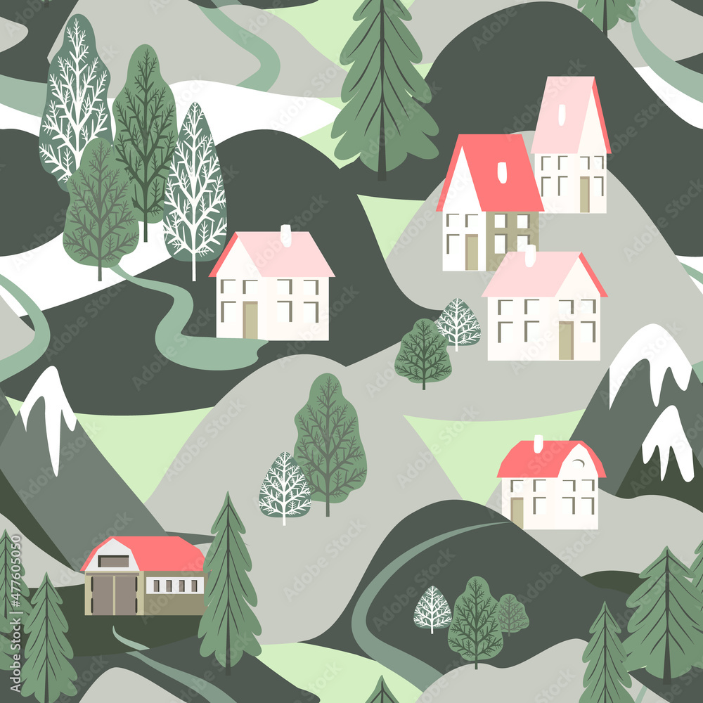 Vector - Winter landscape with hills, houses and trees,
seamless pattern. Vector - Winter landscape with hills, houses and trees,
seamless pattern.