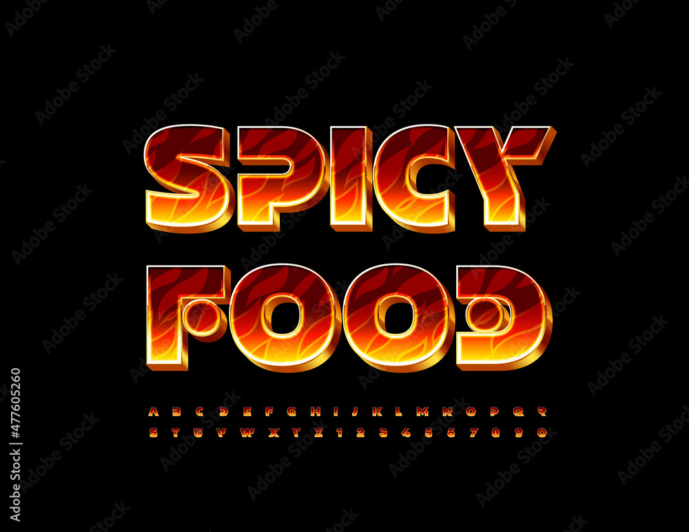 Vector creative emblem Spice Food. 3D Abstract Font. Flaming pattern Alphabet Letters and Numbers set