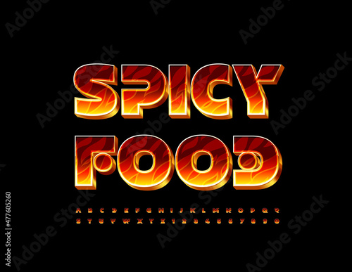 Vector creative emblem Spice Food. 3D Abstract Font. Flaming pattern Alphabet Letters and Numbers set