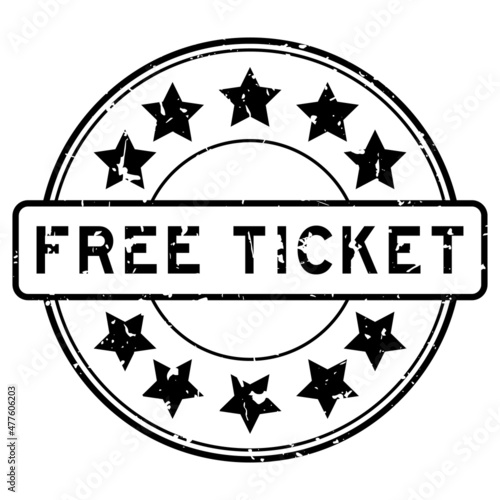 Grunge black free ticket word with star icon round rubber seal stamp on white background