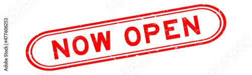 Grunge red now open word rubber seal stamp on white background