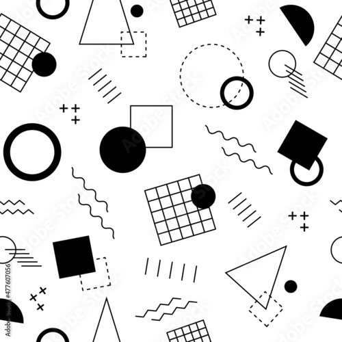 Seamless pattern, memphis geometric background with abstract shapes, black and white
