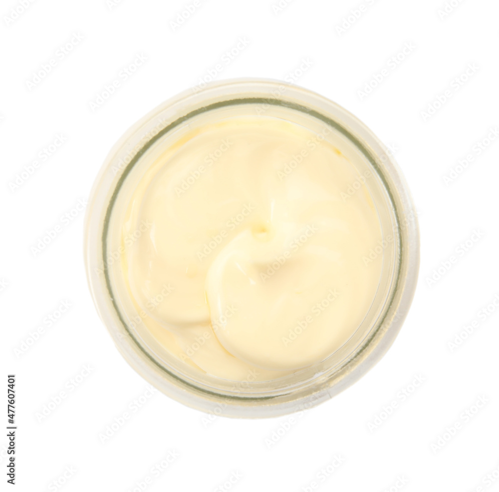 Jar of delicious mayonnaise isolated on white, top view Jar of delicious mayonnaise isolated on white, top view