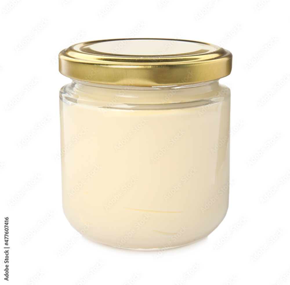 Jar of delicious mayonnaise isolated on white Jar of delicious mayonnaise isolated on white