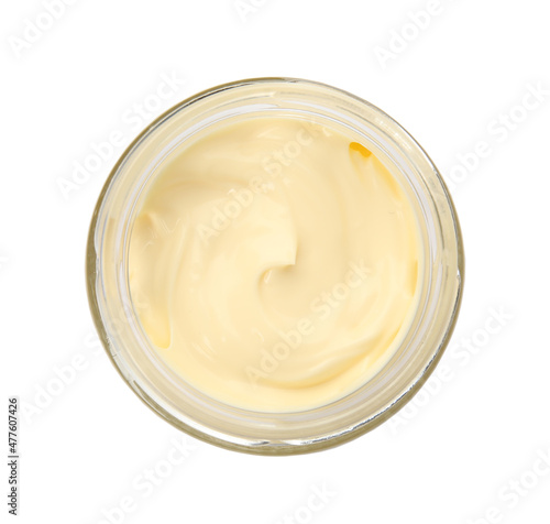 Jar of delicious mayonnaise isolated on white, top view