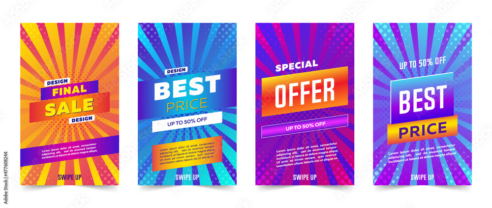 Set of story template collection with halftone gradient, sunbeams and copy space for text - bright vibrant banners, posters, cover design templates, social media stories wallpapers