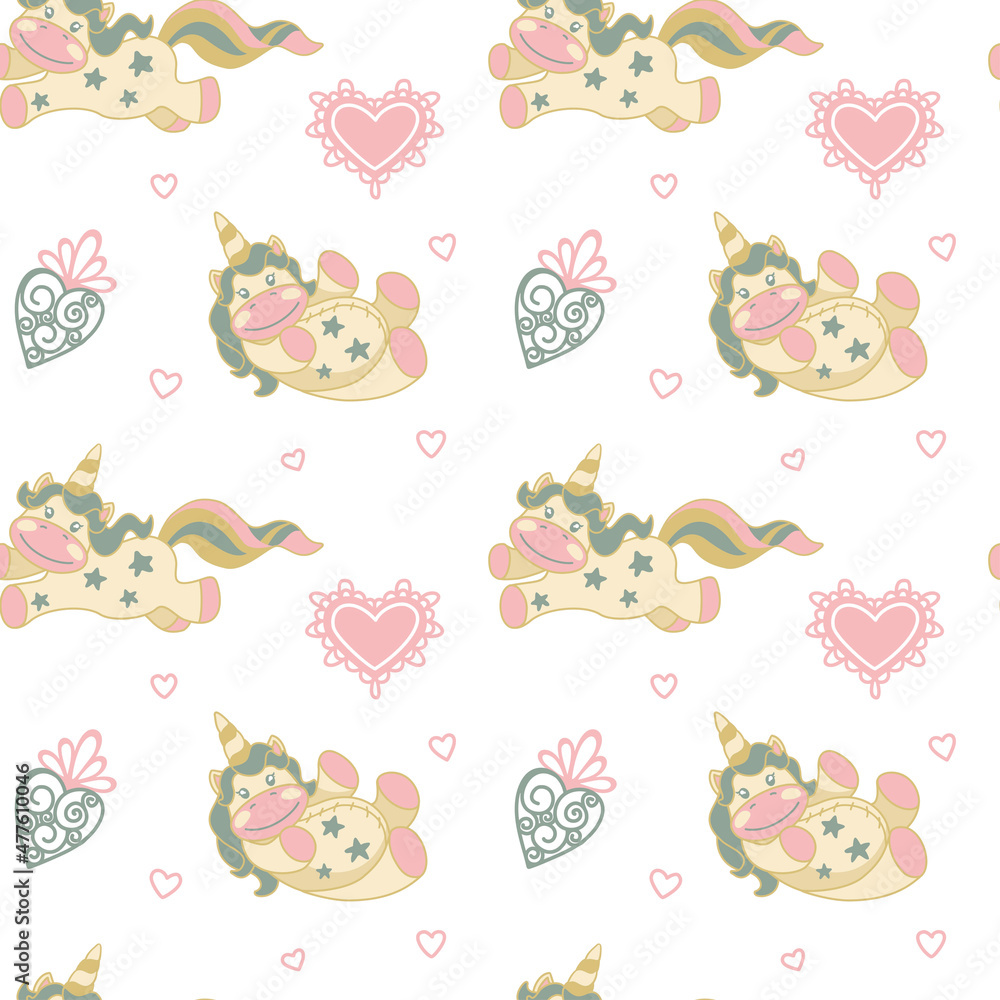 Unicorn and hearts. Kids illustration. Seamless pattern for fabric, wrapping, textile, wallpaper, apparel. Vector.