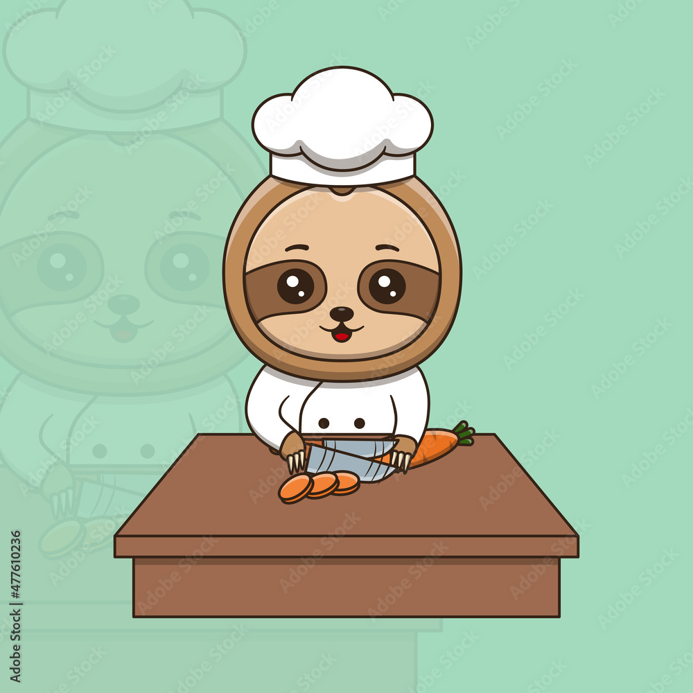 Cute sloth chef cutting carrot Cute sloth chef cutting carrot