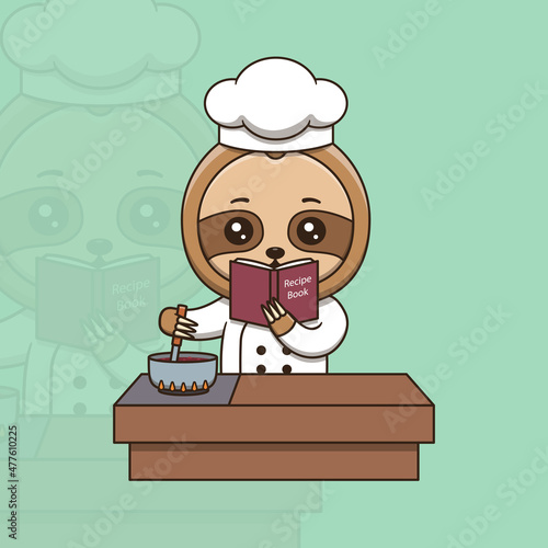 Cute sloth chef cooking while looking at the recipe book