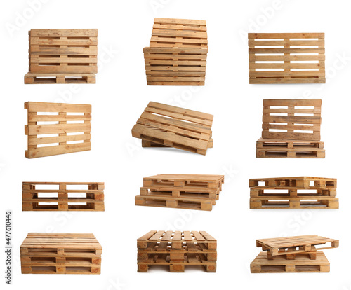 Set with wooden pallets on white background