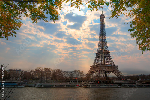 Paris Eiffel Tower and river Seine in Paris  France. Eiffel Tower is one of the most iconic landmarks of Paris
