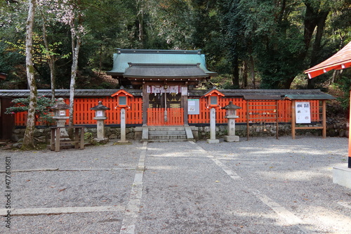 Ichitani-munakata-jinnjya Shrine at the entrance to Monkey Park at Arashiyama in Kyoto City in Japan 日本の京都市嵐山のモンキーパーク入り口にある 櫟谷宗像神社