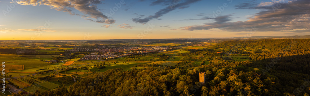 Naklejka premium Aerial top view of a castle ruin in the forest