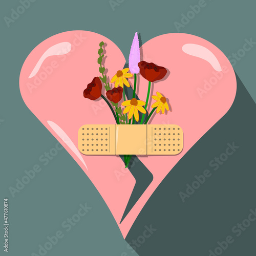 The broken heart is sealed with a plaster with flowers. Illustration in pastel colors