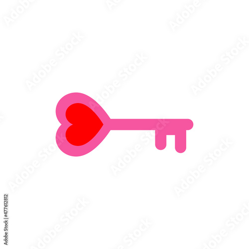 Pink key with a red heart. Vector illustration.