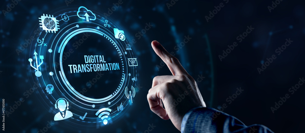 Internet, business, Technology and network concept.Concept of digitization of business processes and modern technology. Digital transformation. Virtual button. - obrazy, fototapety, plakaty 