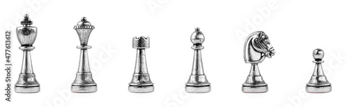 Set with silver chess pieces on white background. Banner design