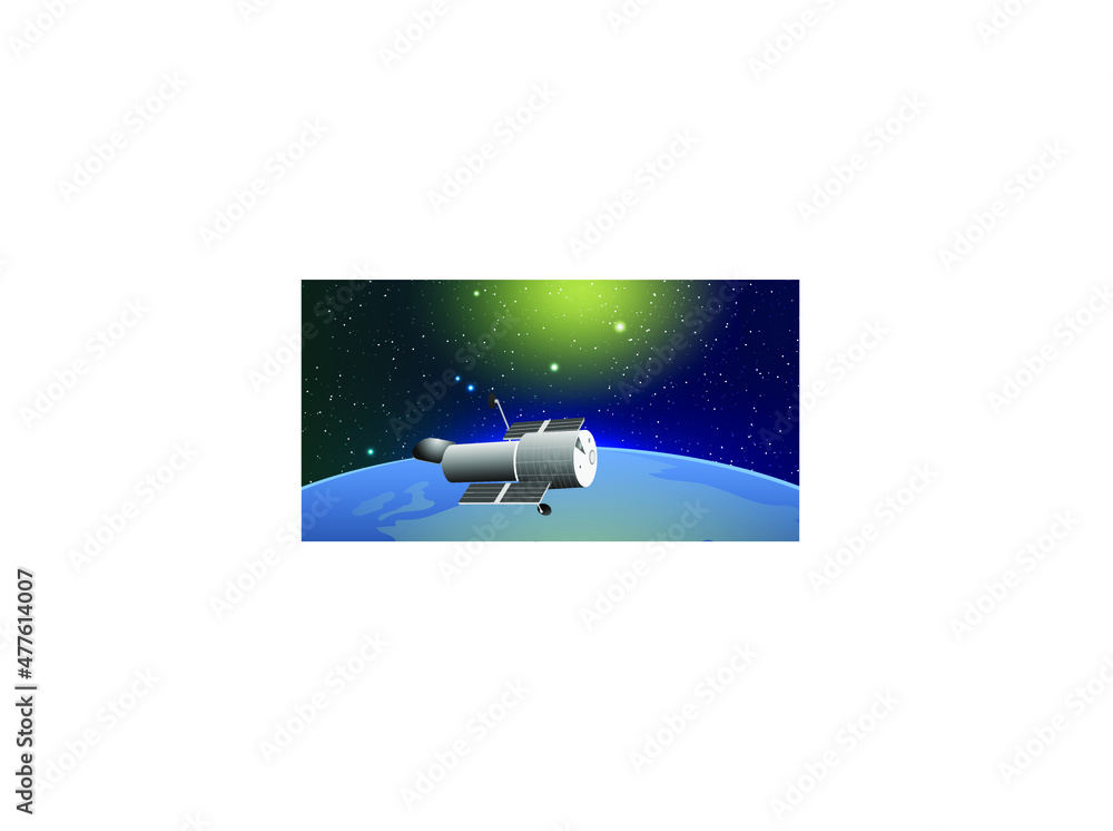 Hubble telescope flying in space. Planet Earth. Cosmic background. Vector banner Hubble telescope flying in space. Planet Earth. Cosmic background. Vector banner