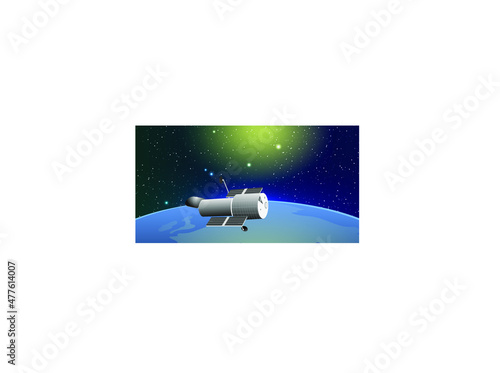 Hubble telescope flying in space. Planet Earth. Cosmic background. Vector banner
