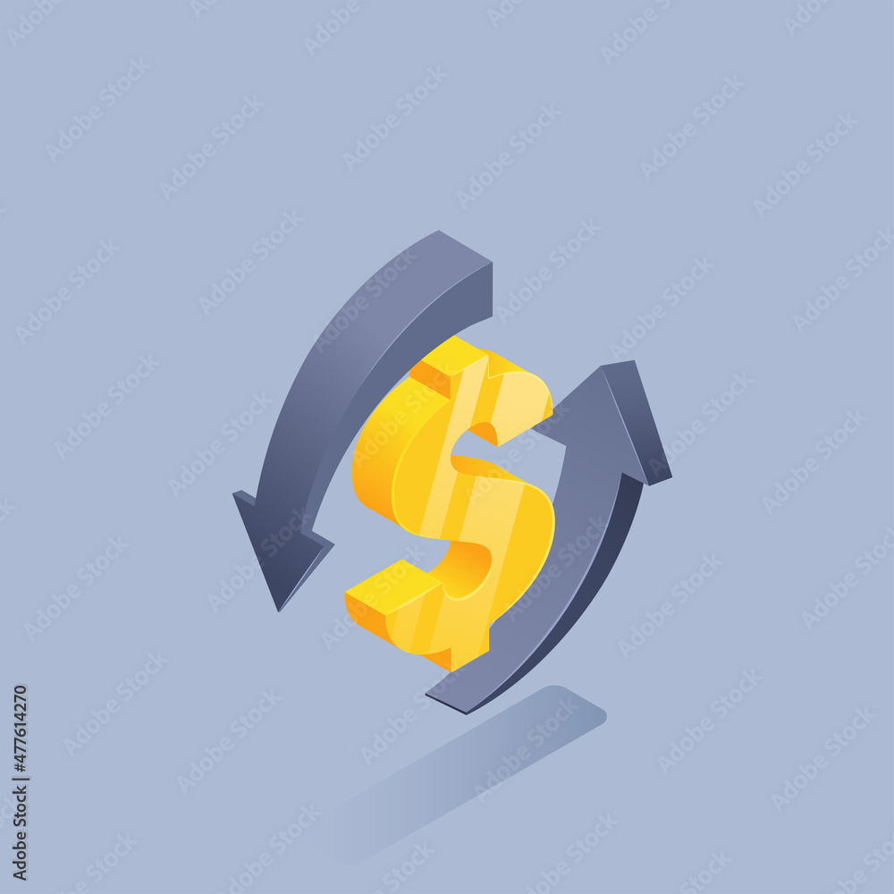 isometric illustration on gray background, yellow dollar sign with arrows, currency exchange or financial transactions - obrazy, fototapety, plakaty 