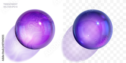 Purple glass beads. Violet epoxy resin balls. 3d realistic vector drops with transparency. Homemade crystal balls with a tiny bubbles and liquid marbling effect. Glossy translucent cabochons