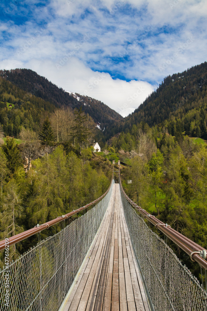 Suspension bridge over deep gorge, Switzerland