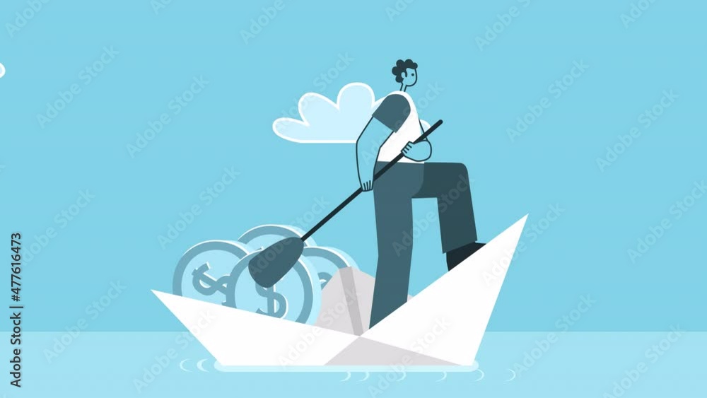 Cartoon man sailing on paper boat filled with dollar coins. Flat Design 2d Character Loop Animation with Alpha Channel Cartoon man sailing on paper boat filled with dollar coins. Flat Design 2d Character Loop Animation with Alpha Channel